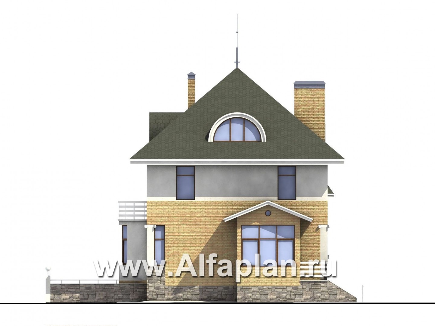 Проекты домов Альфаплан - «Дом светлячка» - трехэтажный дом из блоков с мансардой - изображение фасада №2