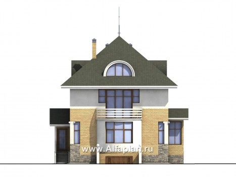 Проекты домов Альфаплан - «Дом светлячка» - трехэтажный дом из блоков с мансардой - превью фасада №1