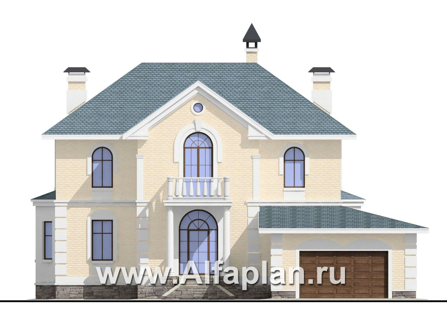 Проекты домов Альфаплан - «Петровское барокко»- проект двухэтажного дома, лестница в центре гостиной, с эркером и с гаражом на 2 авто - изображение фасада №1