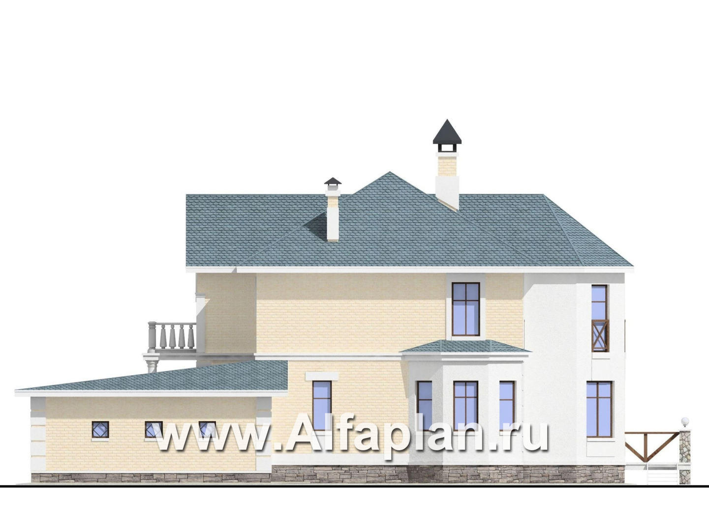 Проекты домов Альфаплан - «Петровское барокко»- проект двухэтажного дома, лестница в центре гостиной, с эркером и с гаражом на 2 авто - изображение фасада №2