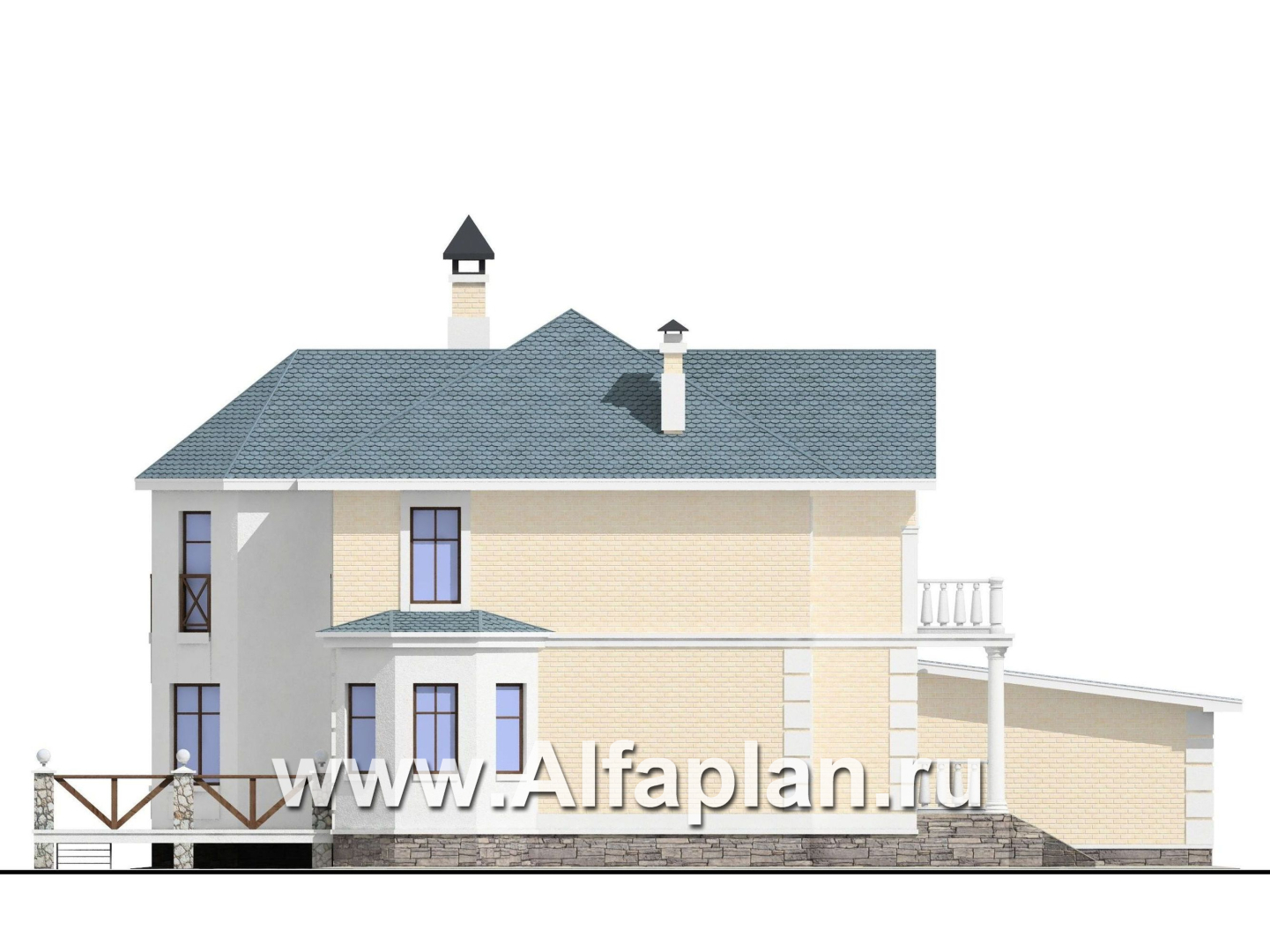 Проекты домов Альфаплан - «Петровское барокко»- проект двухэтажного дома, лестница в центре гостиной, с эркером и с гаражом на 2 авто - изображение фасада №3