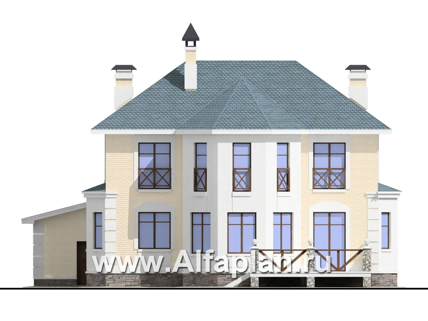Проекты домов Альфаплан - «Петровское барокко»- проект двухэтажного дома, лестница в центре гостиной, с эркером и с гаражом на 2 авто - изображение фасада №4