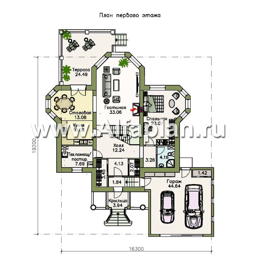 Проекты домов Альфаплан - «Петровское барокко»- проект двухэтажного дома, лестница в центре гостиной, с эркером и с гаражом на 2 авто - изображение плана проекта №1