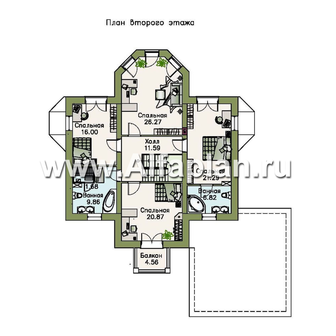 Проекты домов Альфаплан - «Петровское барокко»- проект двухэтажного дома, лестница в центре гостиной, с эркером и с гаражом на 2 авто - план проекта №2