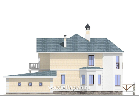 Проекты домов Альфаплан - «Петровское барокко»- проект двухэтажного дома, лестница в центре гостиной, с эркером и с гаражом на 2 авто - превью фасада №2