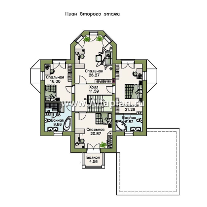 Проекты домов Альфаплан - «Петровское барокко»- проект двухэтажного дома, лестница в центре гостиной, с эркером и с гаражом на 2 авто - превью плана проекта №2
