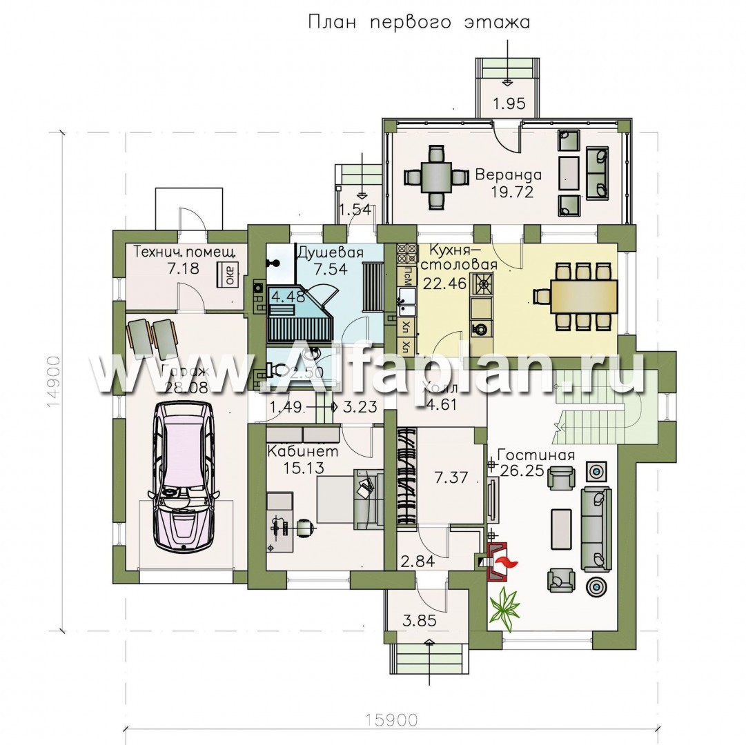 Проекты домов Альфаплан - «Традиция» - комфортабельный коттедж с гаражом - изображение плана проекта №1