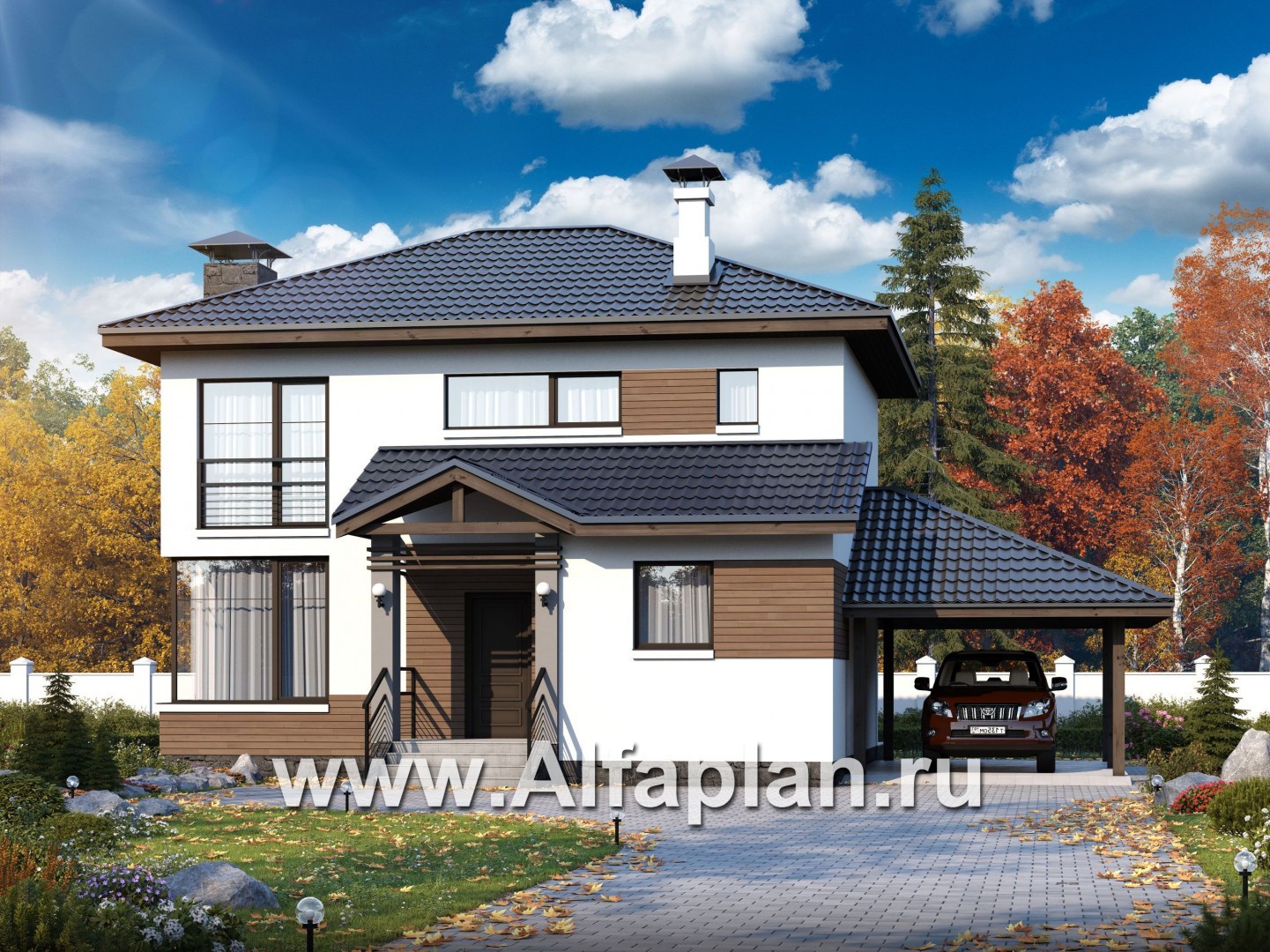 Проекты домов Альфаплан - Кирпичный дом «Карат» - навесом - основное изображение