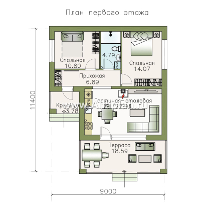 Проекты домов Альфаплан - «Виньон» - проект одноэтажного дома с большой террасой - превью плана проекта №1