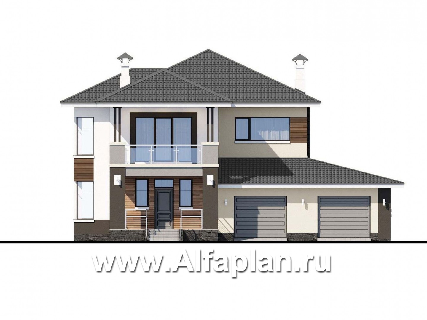 Проекты домов Альфаплан - Двухэтажный коттедж с гаражом и террасой - изображение фасада №1