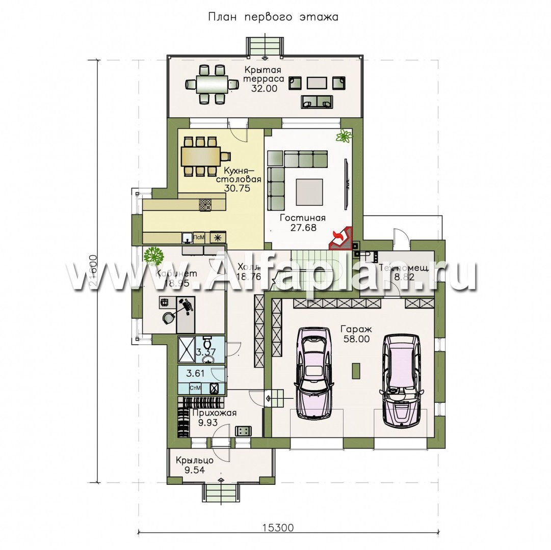 Проекты домов Альфаплан - Двухэтажный коттедж с гаражом и террасой - план проекта №1