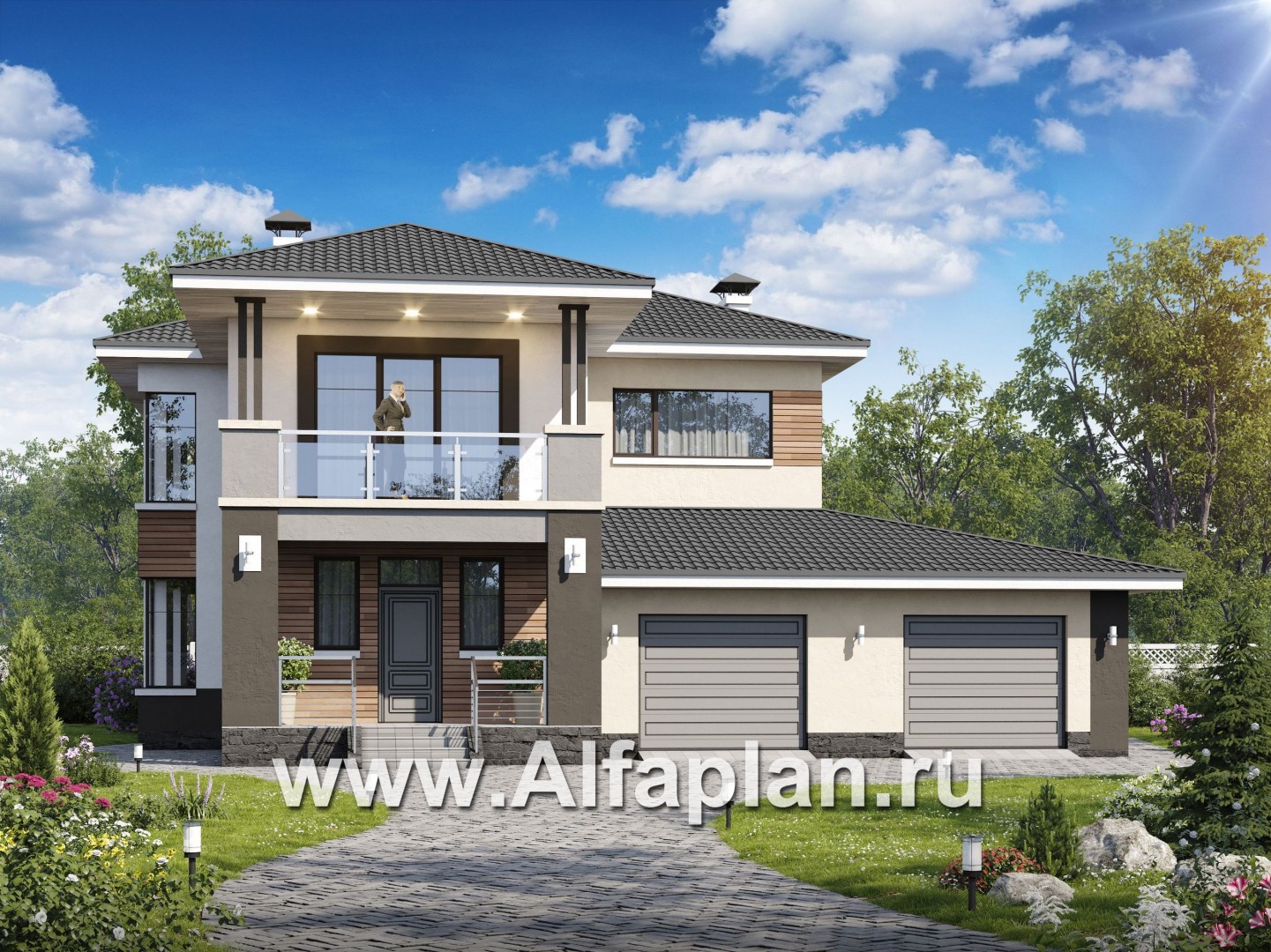 Проекты домов Альфаплан - Двухэтажный коттедж с гаражом и террасой - основное изображение
