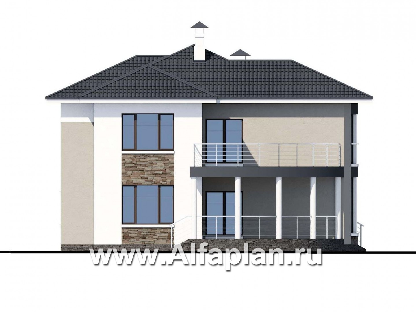 Проекты домов Альфаплан - «Меркурий» - стильный коттедж с большой террасой и балконом - изображение фасада №3