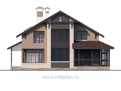 Проекты домов Альфаплан - «Регата» - загородный дом с мансардой под двускатной крышей - превью фасада №1