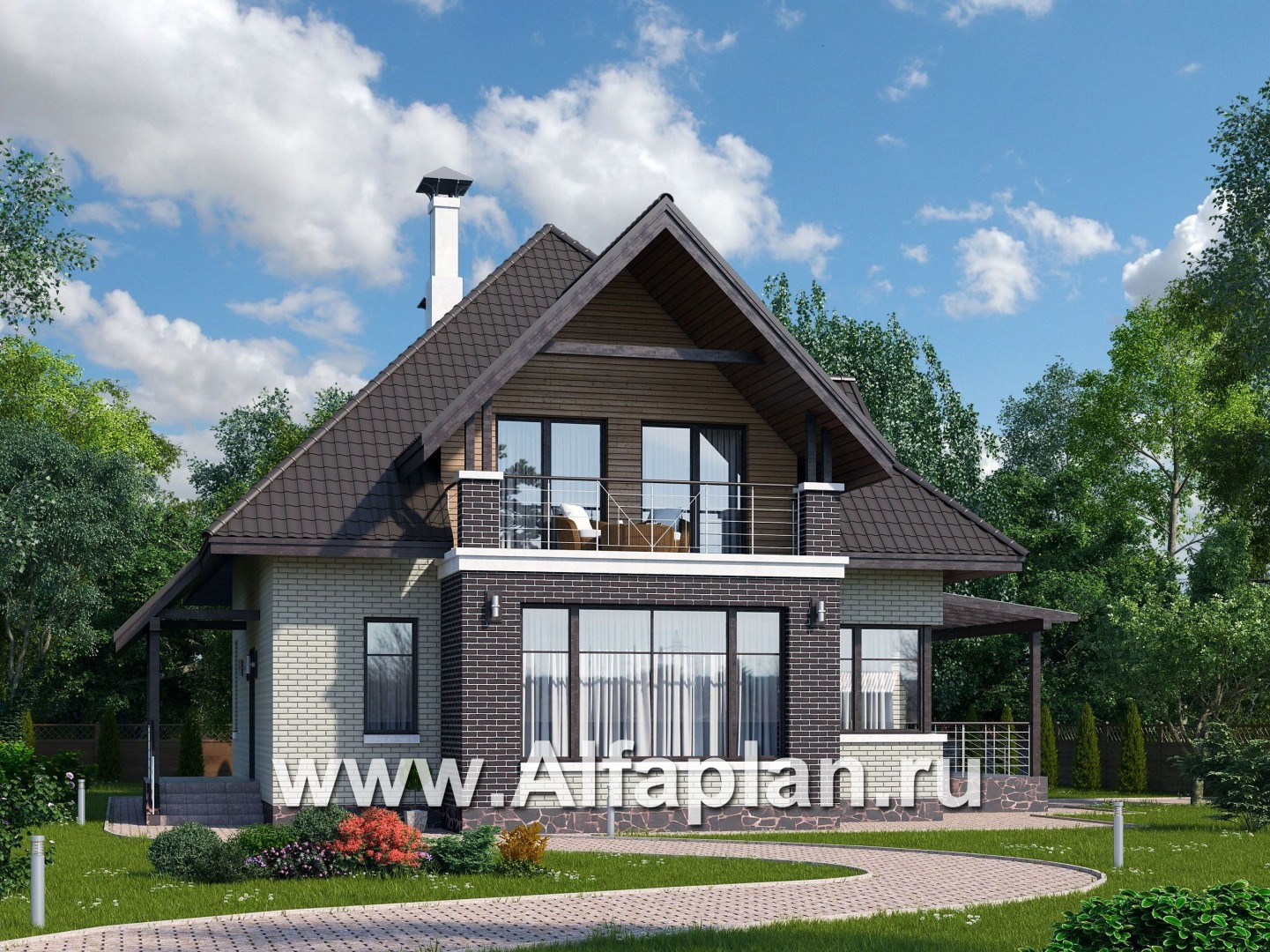 Проекты домов Альфаплан - «Арктур» - проект дома с мансардой из газобетона, с сауной и с террасой, современный стиль - основное изображение
