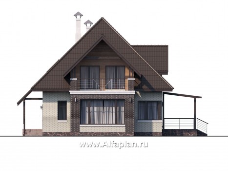 Проекты домов Альфаплан - «Арктур» - проект дома с мансардой из газобетона, с сауной и с террасой, современный стиль - превью фасада №1