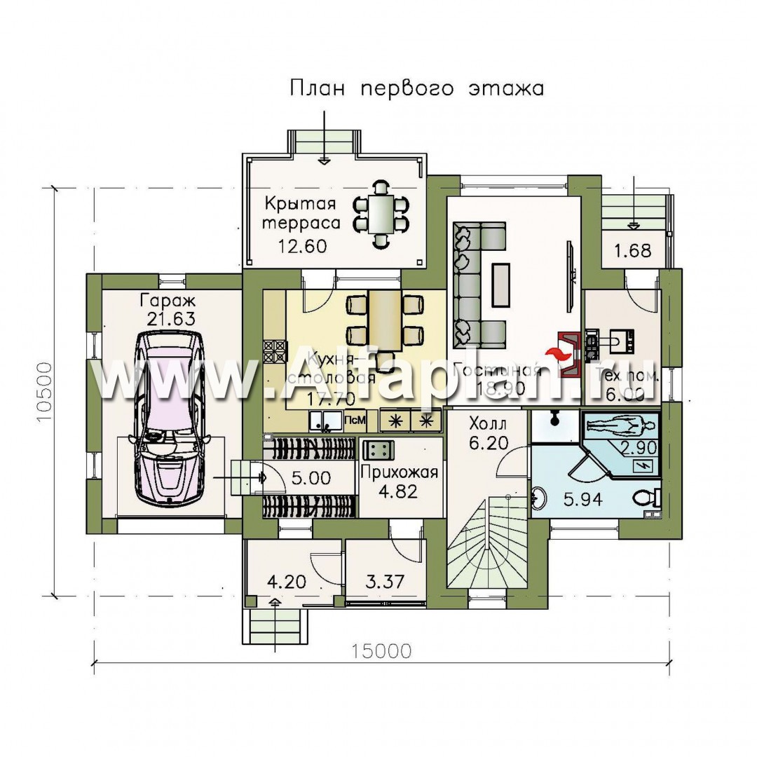 «Территория комфорта» - проект  дома с мансардой, с сауной и с террасой, с гарадом на 1 авто, в стиле шале - план дома