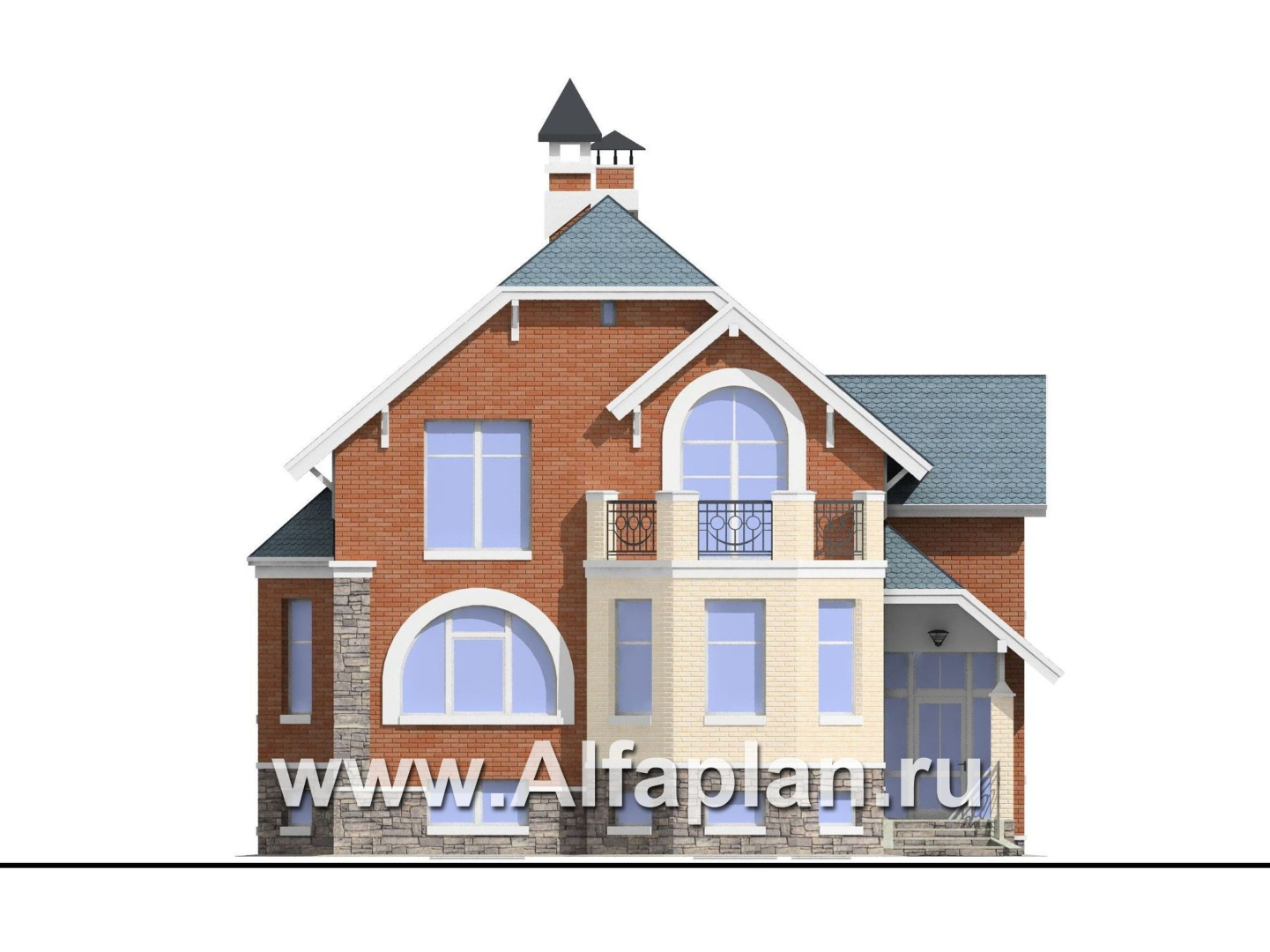 Проекты домов Альфаплан - «Лаура»- проект двухэтажного загородного дома,с эркером и с террасой, с цокольным этажом - изображение фасада №1