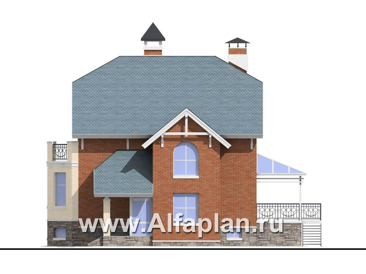 Проекты домов Альфаплан - «Лаура»- проект двухэтажного загородного дома,с эркером и с террасой, с цокольным этажом - изображение фасада №2