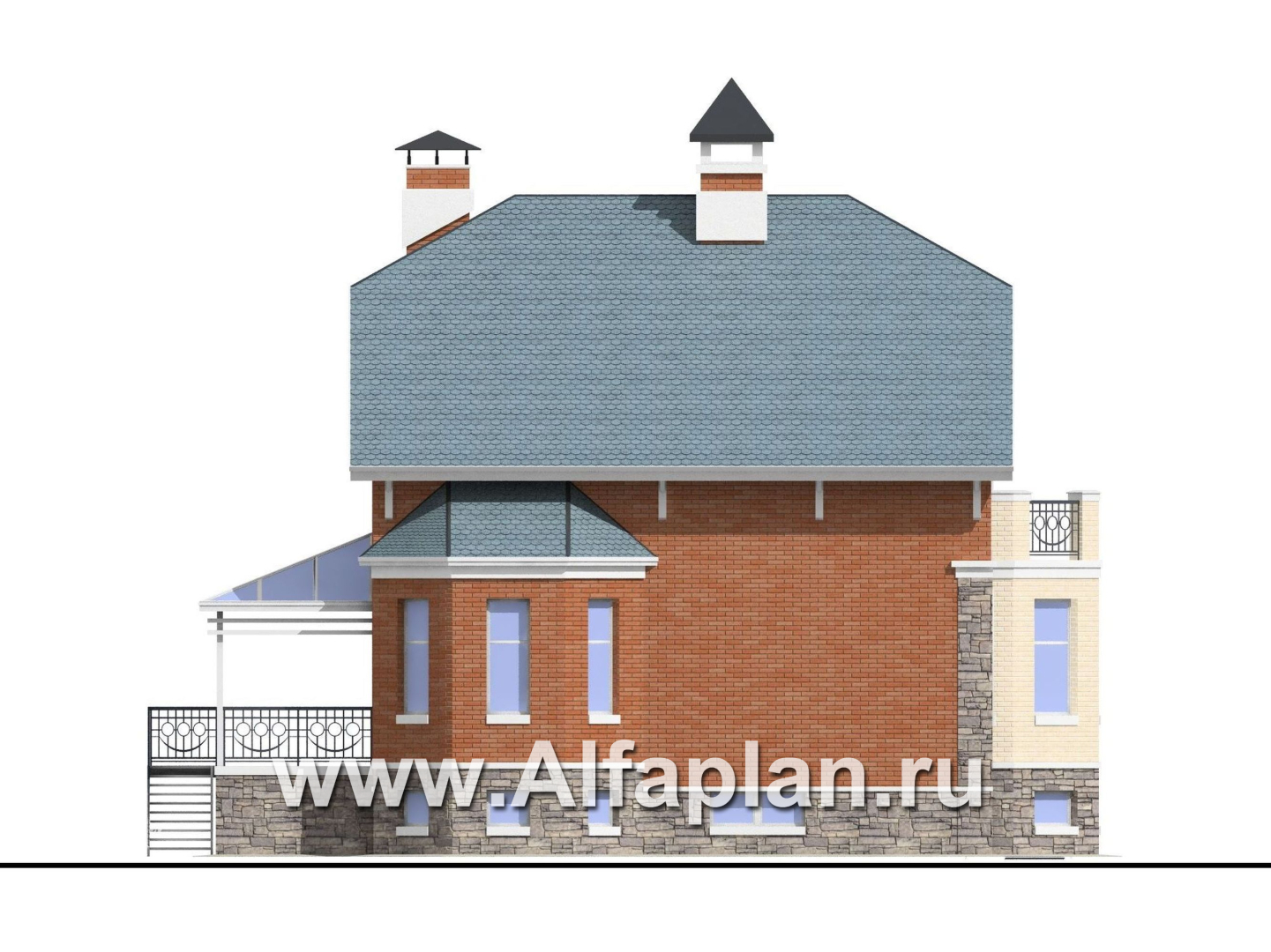 Проекты домов Альфаплан - «Лаура»- проект двухэтажного загородного дома,с эркером и с террасой, с цокольным этажом - изображение фасада №3
