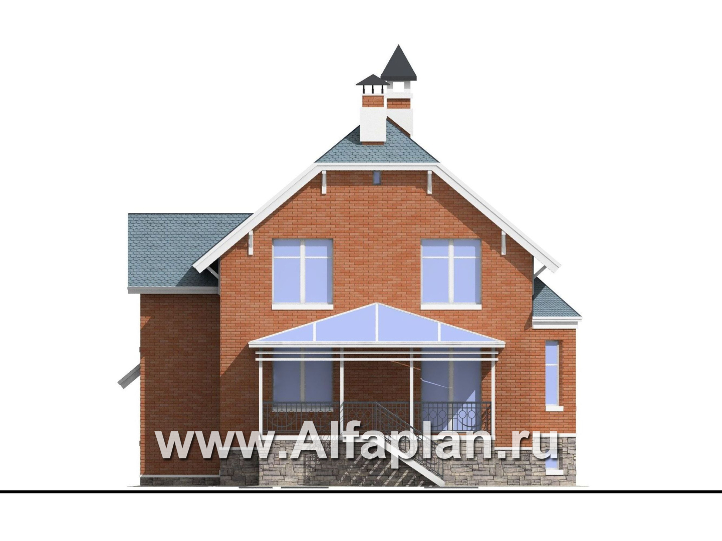 Проекты домов Альфаплан - «Лаура»- проект двухэтажного загородного дома,с эркером и с террасой, с цокольным этажом - изображение фасада №4