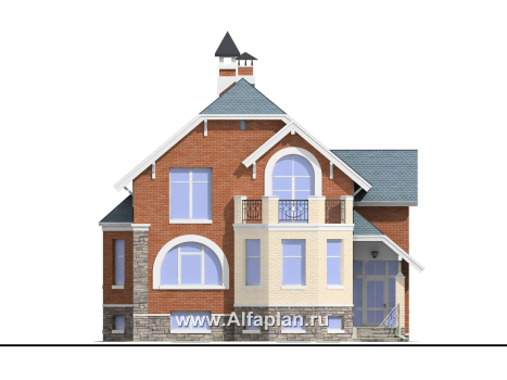 Проекты домов Альфаплан - «Лаура»- проект двухэтажного загородного дома,с эркером и с террасой, с цокольным этажом - превью фасада №1