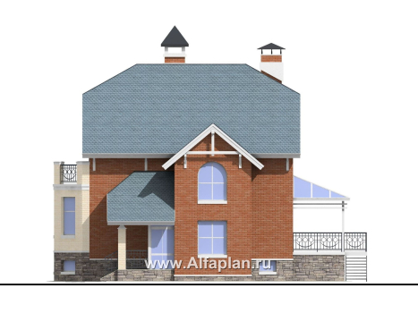 Проекты домов Альфаплан - «Лаура»- проект двухэтажного загородного дома,с эркером и с террасой, с цокольным этажом - превью фасада №2