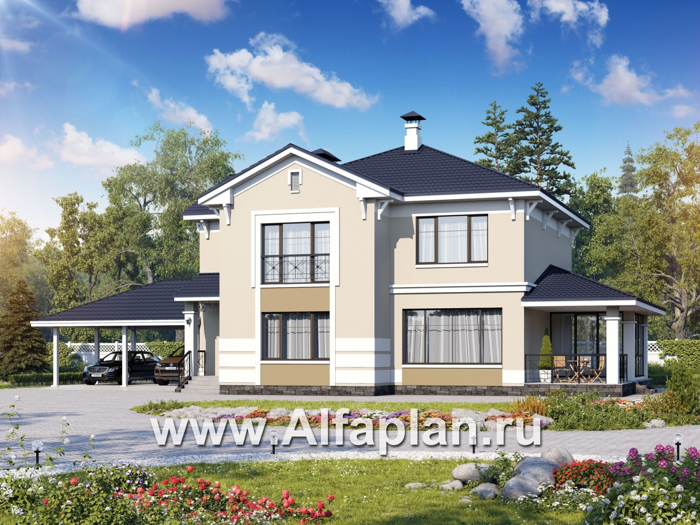 Проекты домов Альфаплан - «Патриций» - коттедж с большой верандой и террасой - основное изображение