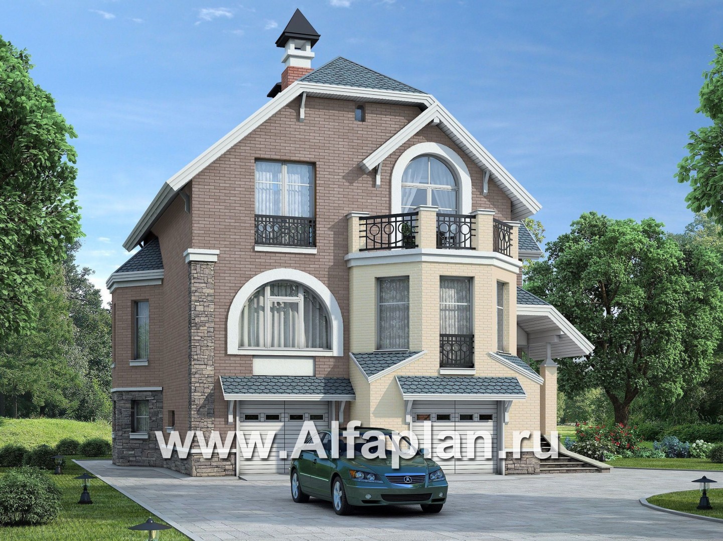 Проекты домов Альфаплан - «Корвет-прогресс» - трехэтажный коттедж с двумя гаражами - основное изображение
