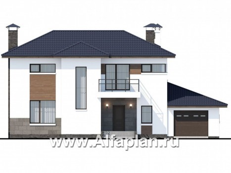 Проекты домов Альфаплан - «Мотивация успеха» - дом с гаражом, обращенный окнами в сад - превью фасада №1
