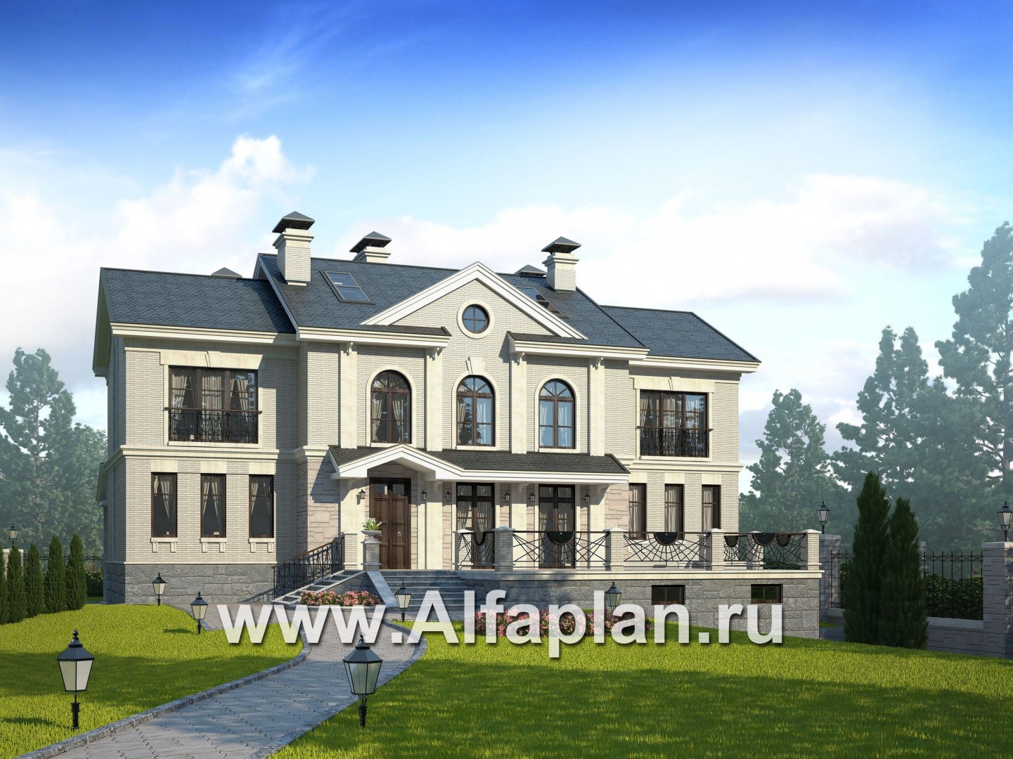 Проекты домов Альфаплан - «Поместье» - элитный коттедж в классическом стиле - основное изображение