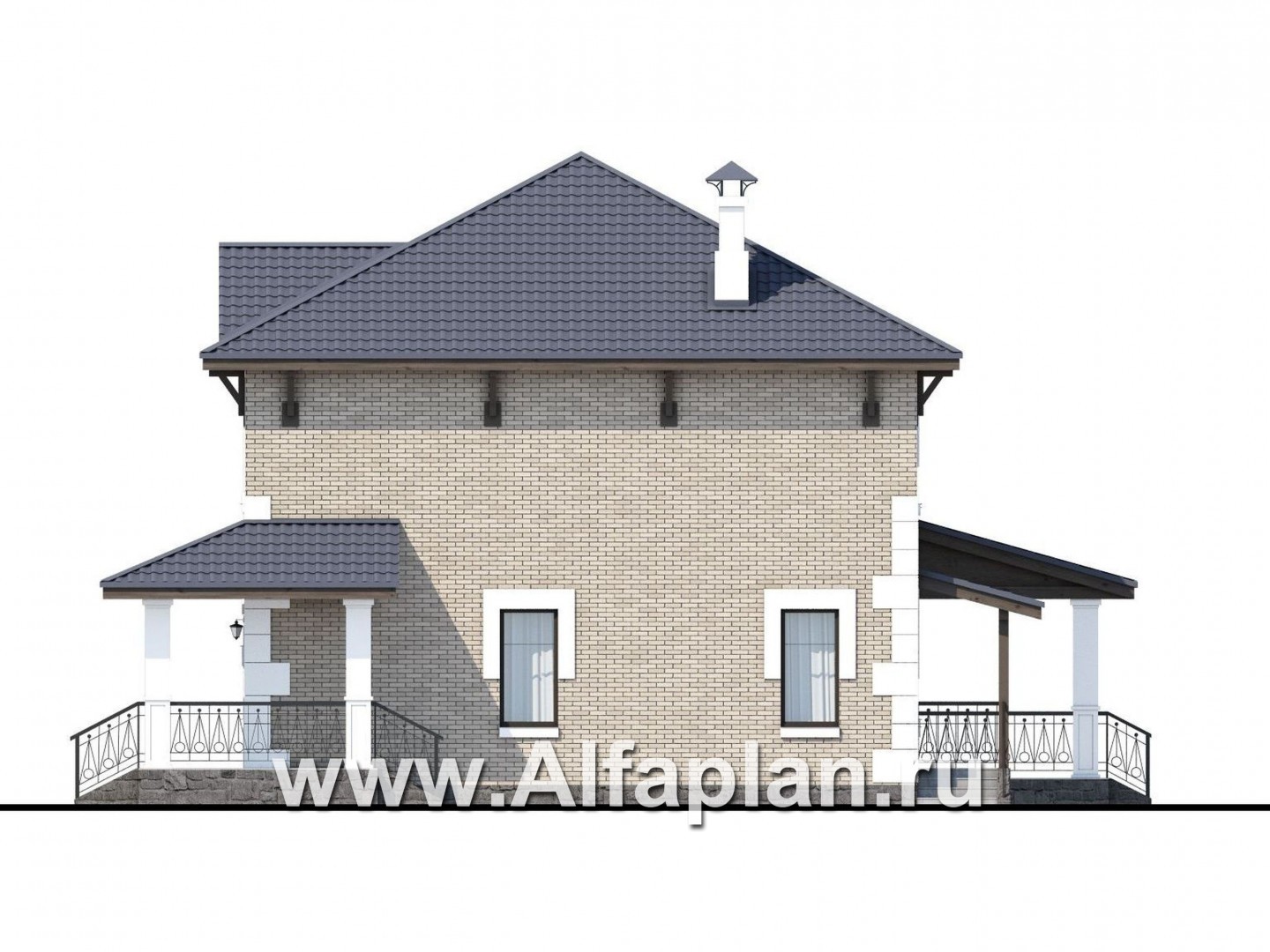 Проекты домов Альфаплан - «Земляничная поляна» - двухэтажный коттедж с большой верандой - изображение фасада №2