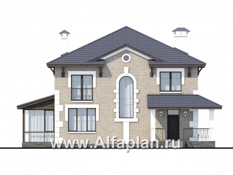 Проекты домов Альфаплан - «Земляничная поляна» - двухэтажный коттедж с большой верандой - превью фасада №1
