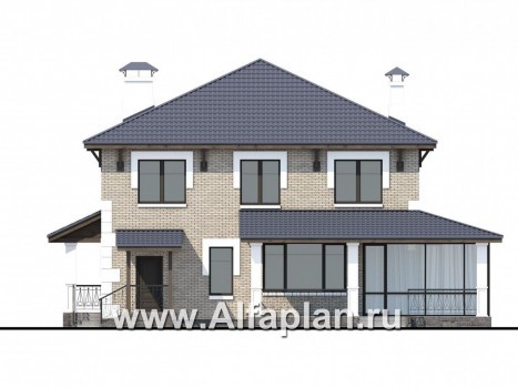 Проекты домов Альфаплан - «Земляничная поляна» - двухэтажный коттедж с большой верандой - превью фасада №4