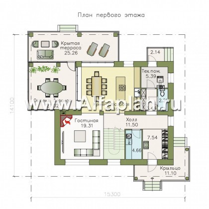 Проекты домов Альфаплан - «Земляничная поляна» - двухэтажный коттедж с большой верандой - превью плана проекта №1