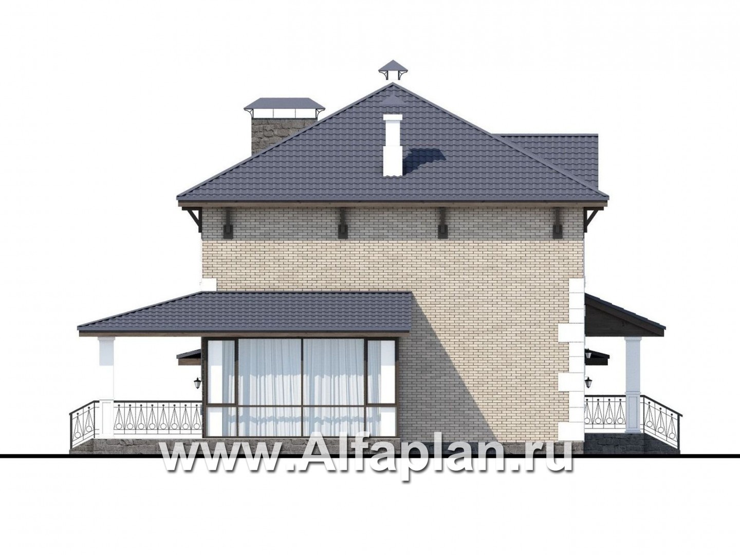 Проекты домов Альфаплан - «Земляничная поляна» - двухэтажный коттедж с гаражом и верандой - изображение фасада №3
