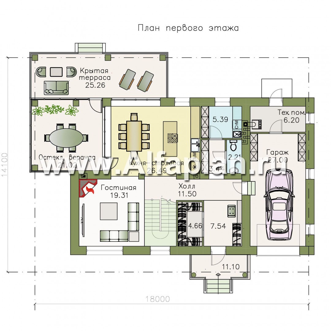 Проекты домов Альфаплан - «Земляничная поляна» - двухэтажный коттедж с гаражом и верандой - изображение плана проекта №1