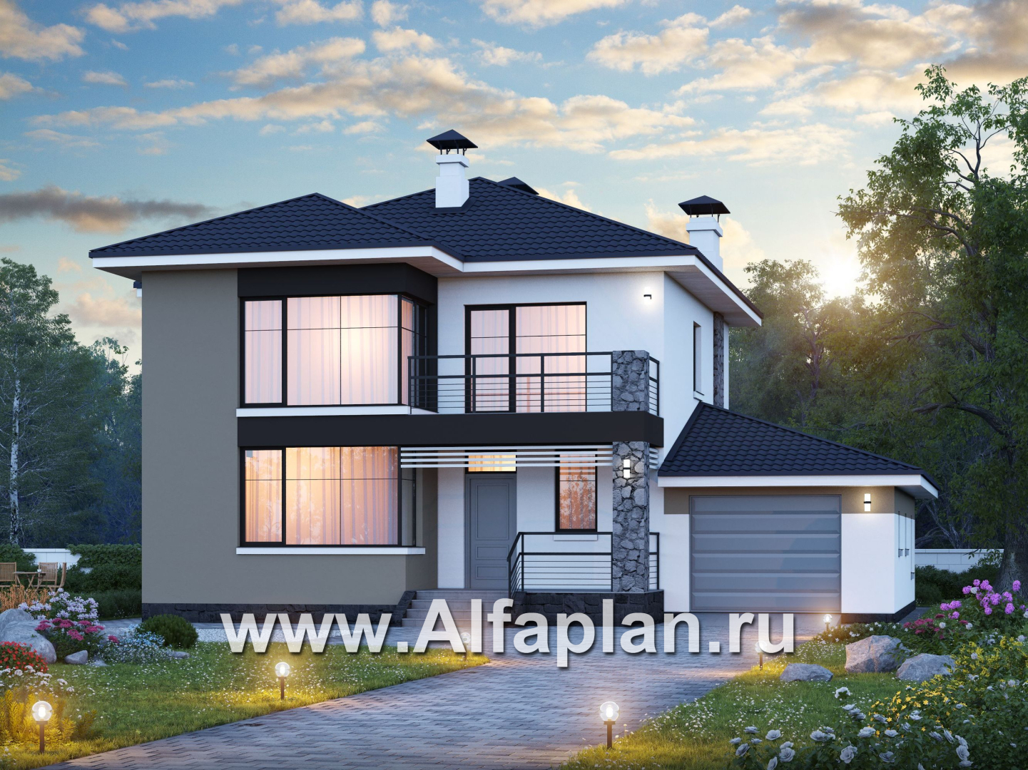 Проекты домов Альфаплан - «Лотос» - компактный современный двухэтажный дом с гаражом - дополнительное изображение №1