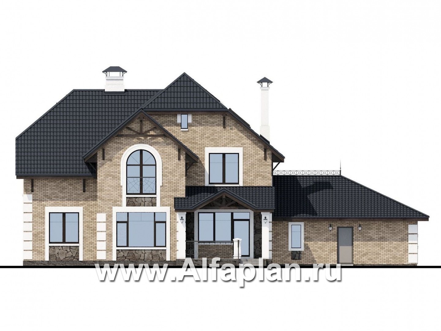 Проекты домов Альфаплан - «Ясная поляна»- коттедж для большой семьи с гаражом на два автомобиля - изображение фасада №4