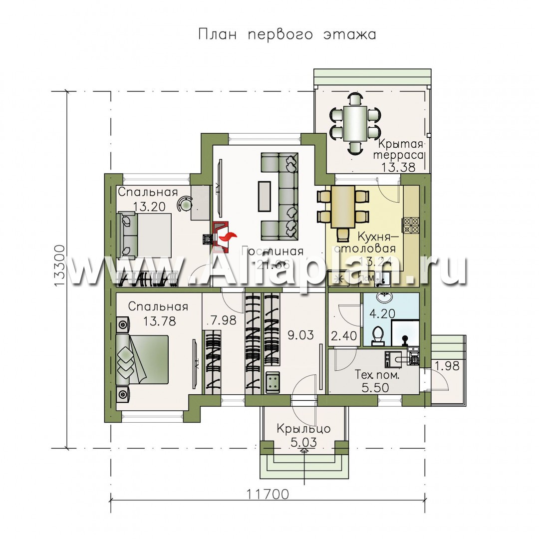 Проекты домов Альфаплан - «Бирюса» - проект одноэтажного коттеджа для небольшой семьи - план проекта №1
