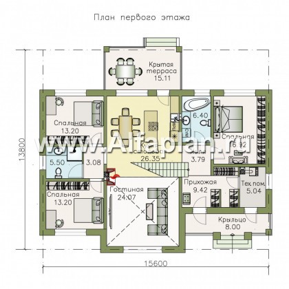 Проекты домов Альфаплан - «Волга» - коттедж с тремя жилыми комнатами на 1 этаже и с жилой мансардой - превью плана проекта №1