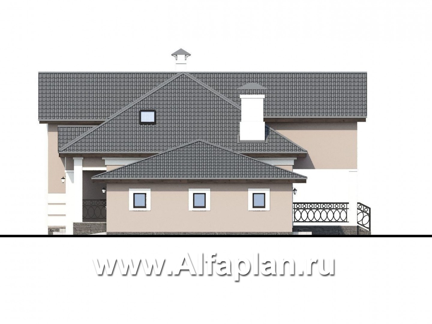 «Волга» - проект дома с мансардой, из газобетона, с террасой, планировка с тремя жилыми комнатами на 1 этаже и вторым светом  и гаражом, с гаражом - фасад дома