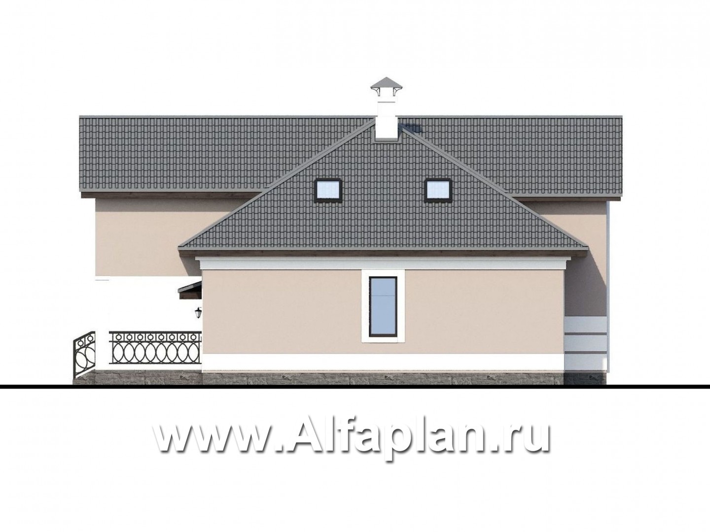 «Волга» - проект дома с мансардой, из газобетона, с террасой, планировка с тремя жилыми комнатами на 1 этаже и вторым светом  и гаражом, с гаражом - фасад дома