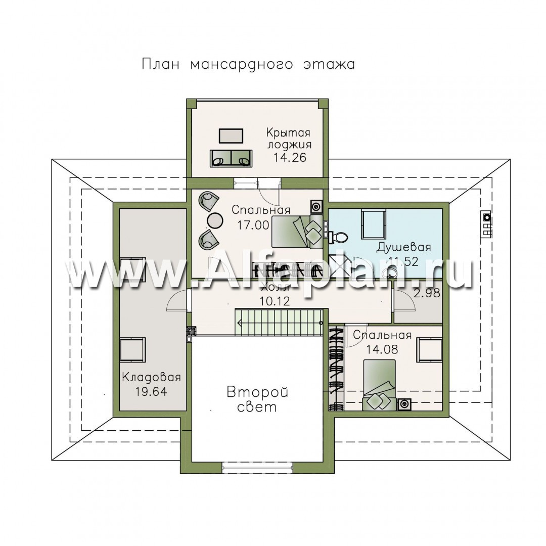 «Волга» - проект дома с мансардой, из газобетона, с террасой, планировка с тремя жилыми комнатами на 1 этаже и вторым светом  и гаражом, с гаражом - план дома
