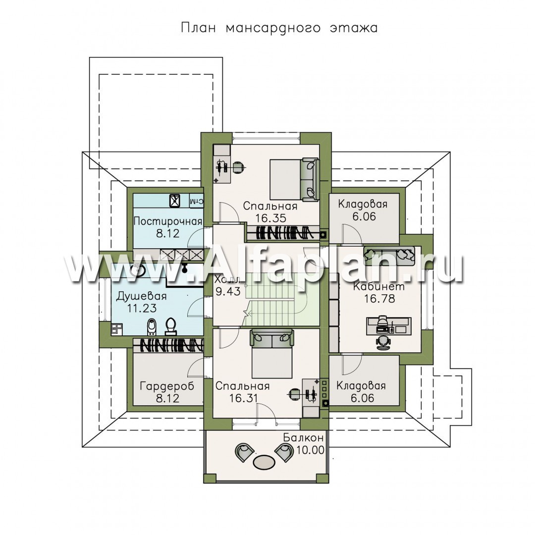 Проекты домов Альфаплан - «Кластер Персея» - дом с двумя жилыми комнатами на 1 эт и с мансардой - план проекта №2