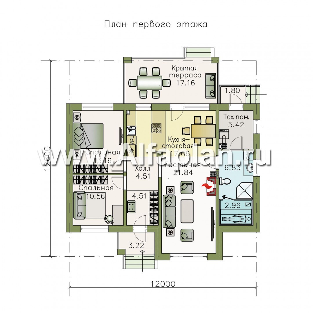 Проекты домов Альфаплан - «Княженика» - проект экономичного одноэтажного дома  сауной - план проекта №1