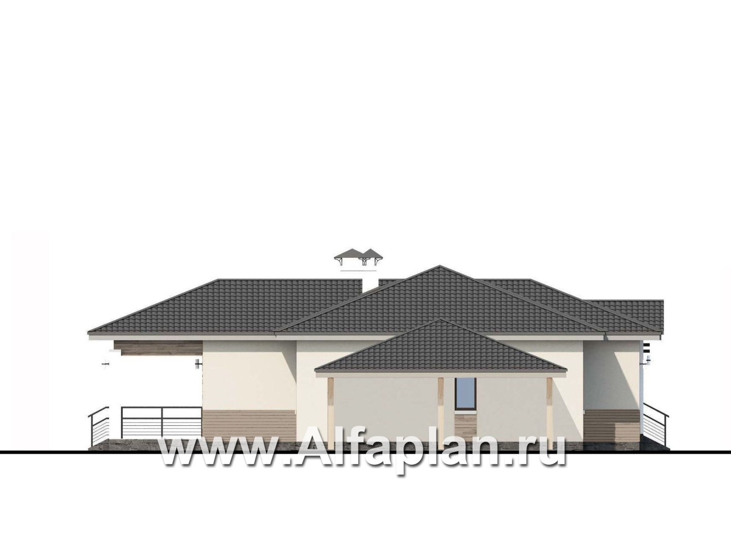 Проекты домов Альфаплан - «Витамин» - одноэтажный дом с террасой и навесом для машины - изображение фасада №3