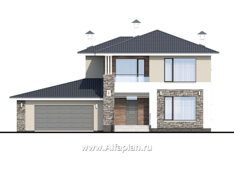 Проекты домов Альфаплан - «Выбор русалки» - современный комфортабельный дом с большим гаражом - превью фасада №1