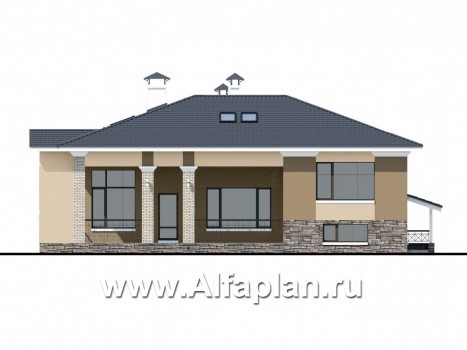 Проекты домов Альфаплан - «Суверен» - полутораэтажный коттедж с небольшим цоколем и мансардой - превью фасада №4
