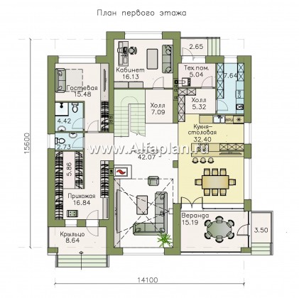 «Семь звезд» - проект двухэтажного дома, гостиная со вторым светом, мастер спальня, в современном стиле - превью план дома